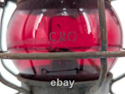 1890s Early Antique C&O Railroad Lantern with Acid Etched Red Globe