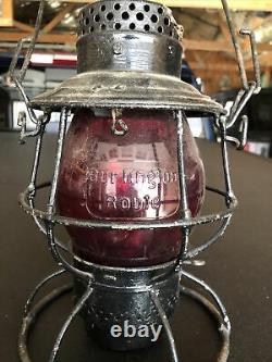 1895 Burlington Route Railroad Lantern with Tall Red Embossed Globe