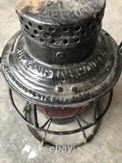 1895 Burlington Route Railroad Lantern with Tall Red Embossed Globe