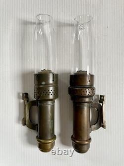 2 Antique Brass Candle Lanterns Railroad Car Train Wall Sconces with Chimneys