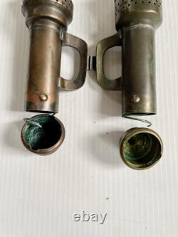 2 Antique Brass Candle Lanterns Railroad Car Train Wall Sconces with Chimneys