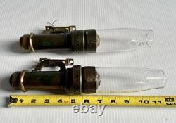 2 Antique Brass Candle Lanterns Railroad Car Train Wall Sconces with Chimneys