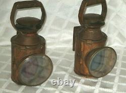 2- Old- British Railway Railroad Copper Lamps Lanterns- Tri-colr Lenses-burners