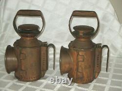 2- Old- British Railway Railroad Copper Lamps Lanterns- Tri-colr Lenses-burners