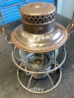 ADLAKE UNION PACIFIC RAILROAD LANTERN WithLT. EMBOSSED OVERLAND SHIELD LOGO GLOBE