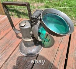 ANTIQUE 1920s Oxweld Model A Carbide Railroad Lamp GREEN LENS Stamped ID
