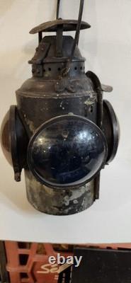 ANTIQUE HL Piper Montreal CNR Railway Railroad Caboose Oil Lantern Amber Blue