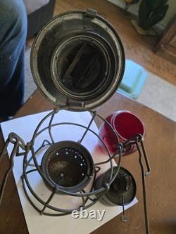 Adlake Kero 3-55 Red Glass Railroad Lamp New York USA, All Original Glass Patina