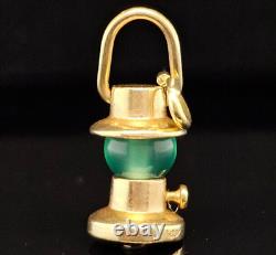Antique 14K Gold GREEN GLASS OIL LANTERN LAMP RAILROAD Charm Pendant Moves