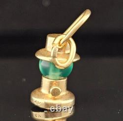 Antique 14K Gold GREEN GLASS OIL LANTERN LAMP RAILROAD Charm Pendant Moves