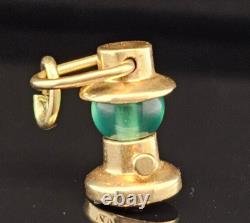 Antique 14K Gold GREEN GLASS OIL LANTERN LAMP RAILROAD Charm Pendant Moves