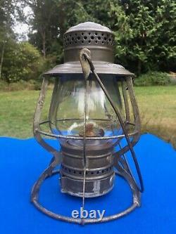 Antique 1889 Union Pacific Railroad Lantern A&W Clear Cast Ext. Base Globe BOLD