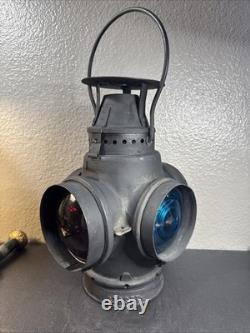 Antique 4-way railroad switch signal lantern stamped A. T. &S. F. RY. Adlake