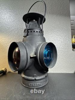 Antique 4-way railroad switch signal lantern stamped A. T. &S. F. RY. Adlake