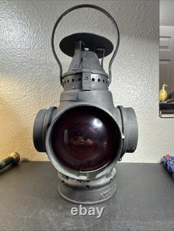 Antique 4-way railroad switch signal lantern stamped A. T. &S. F. RY. Adlake