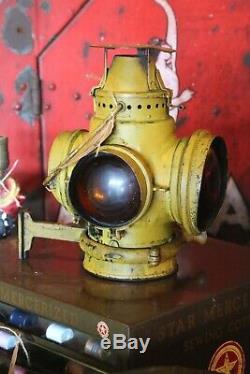 Antique Adlake Santa Fe Railroad Lantern Lamp Light old yellow paint and bracket