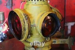 Antique Adlake Santa Fe Railroad Lantern Lamp Light old yellow paint and bracket