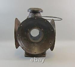Antique Brass 4 Way Railroad Lantern Clear Lenses 14 3/8 Tall & Heavy