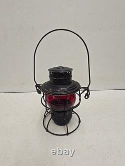 Antique Chicago & Alton RR Railroad Lantern With Embossed Ruby Adlake Globe