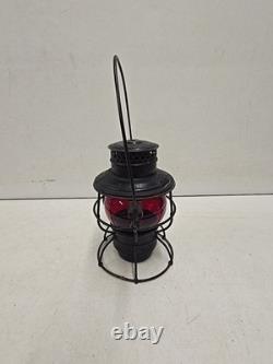 Antique Chicago & Alton RR Railroad Lantern With Embossed Ruby Adlake Globe