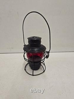 Antique Chicago & Alton RR Railroad Lantern With Embossed Ruby Adlake Globe