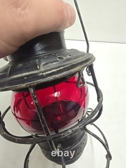 Antique Chicago & Alton RR Railroad Lantern With Embossed Ruby Adlake Globe