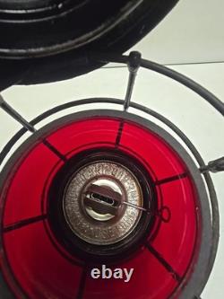 Antique Chicago & Alton RR Railroad Lantern With Embossed Ruby Adlake Globe