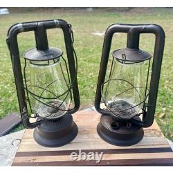 Antique Dietz Monarch Railroad Oil Lantern Pair Tubular Kerosene Lamps