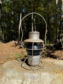 Antique Handlan ICRR Illinois Central Railroad Lantern Embossed Blue Globe