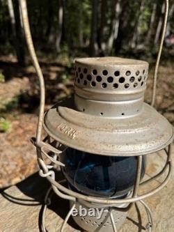 Antique Handlan ICRR Illinois Central Railroad Lantern Embossed Blue Globe