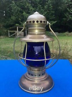 Antique PULLMAN Conductor Railroad Lantern Adams & W Cobalt Blue Corning Globe