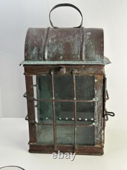 Antique Patinated Metal & Glass Marine Or Railroad Lantern Lamp