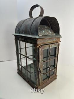 Antique Patinated Metal & Glass Marine Or Railroad Lantern Lamp