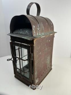 Antique Patinated Metal & Glass Marine Or Railroad Lantern Lamp