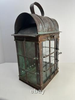 Antique Patinated Metal & Glass Marine Or Railroad Lantern Lamp