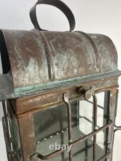 Antique Patinated Metal & Glass Marine Or Railroad Lantern Lamp