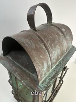 Antique Patinated Metal & Glass Marine Or Railroad Lantern Lamp
