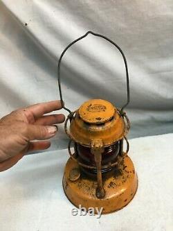 Antique Railroad Lantern NIGHT WATCH Orange Red Amber Globe Dietz