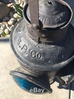 Antique S. P. Co. 1892 Railroad Left Signal Lantern Green & Red Lenses Handlan