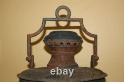 Antique Vintage 1800's Ships Lantern Lamp Light Curved Blue Green Glass Railroad