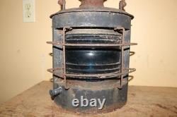 Antique Vintage 1800's Ships Lantern Lamp Light Curved Blue Green Glass Railroad