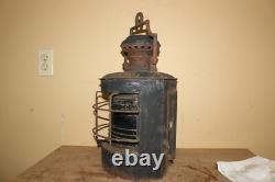 Antique Vintage 1800's Ships Lantern Lamp Light Curved Blue Green Glass Railroad
