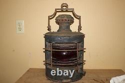 Antique Vintage 1800's Ships Lantern Lamp Light Curved Red Glass Railroad