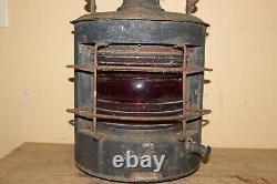 Antique Vintage 1800's Ships Lantern Lamp Light Curved Red Glass Railroad