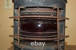 Antique Vintage 1800's Ships Lantern Lamp Light Curved Red Glass Railroad