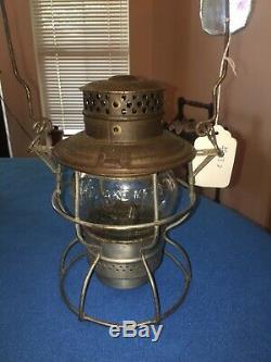 Antique Vintage AT&SF RY Railroad Kerosene Lantern withclear Embossed Globe