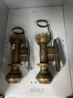 Antique pair of Brass Railroad Train Oil Lantern Wall Sconce Candle Lamp