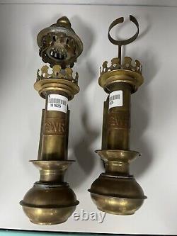 Antique pair of Brass Railroad Train Oil Lantern Wall Sconce Candle Lamp