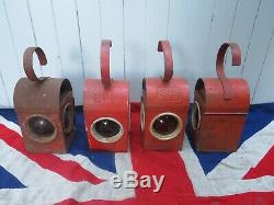 Four Industrial Antique Vintage Red Road Railway Warning Paraffin Lamp Lantern