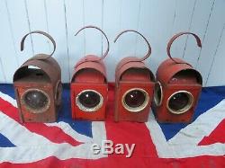 Four Industrial Antique Vintage Red Road Railway Warning Paraffin Lamp Lantern